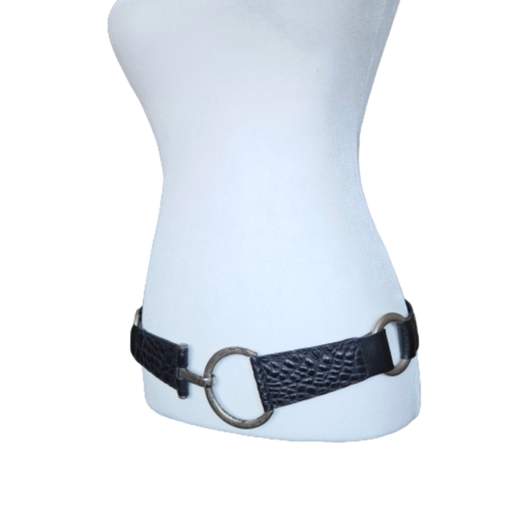 Landes black croc textured leather belt rustic silvery hook & eye buckle size M - Picture 3 of 15